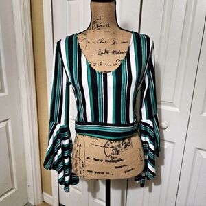 Polly & Esther Green/Black/White Striped Bell Sleeve Cropped Top